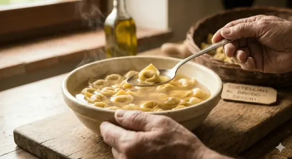 Gros plan sur un bol de tortellini au bouillon fumant tenu à deux mains, avec une cuillère soulevant une pâte artisanale pour la dégustation.